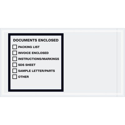 PL496.jpg The MH-USA 5 1/2 x 10 Documents Enclosed transportation envelopes, featuring a black border and checkboxes for Packing List, Invoice Enclosed, and Instructions/Markings, come in cases of 1000.