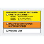 The MH-USA 6 1/2 x 10 Important Papers Enclosed SDS Envelopes feature a yellow section with IMPORTANT PAPERS ENCLOSED and SAFETY DATA SHEET, an orange section with HAZARDOUS MATERIALS SHIPPING PAPERS, and a white section for your packing list. Available in cases of 1000.