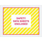 A rectangular sign with diagonal yellow and white stripes features a white rectangle with bold red text SAFETY DATA SHEETS ENCLOSED, bordered by a thick red outline. It pairs perfectly with MH-USA 4 1/2 x 6 Safety Data Sheets Enclosed SDS Envelopes (1000/Case) for secure document storage.