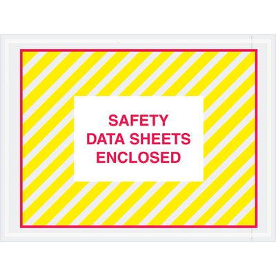 PL498.jpg A rectangular sign with diagonal yellow and white stripes features a white rectangle with bold red text SAFETY DATA SHEETS ENCLOSED, bordered by a thick red outline. It pairs perfectly with MH-USA 4 1/2 x 6 Safety Data Sheets Enclosed SDS Envelopes (1000/Case) for secure document storage.