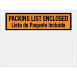 The MH-USA 7 1/2 x 5 1/2 bilingual packing list envelope features PACKING LIST ENCLOSED and Lista de Paquete Incluida on an orange and black label. Available in cases of 1000.