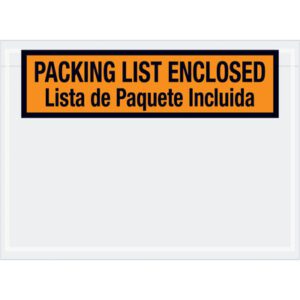 The MH-USA 7 1/2 x 5 1/2 bilingual packing list envelope features PACKING LIST ENCLOSED and Lista de Paquete Incluida on an orange and black label. Available in cases of 1000.