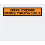 The image showcases MH-USA 4 1/2 x 5 1/2 bilingual packing list envelopes, featuring a clear window and an orange and black label reading PACKING LIST ENCLOSED/BORDEAU DEXPÉDITION CI-INCLUS, in English/French (1000/Case).