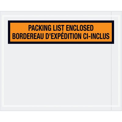 PL501.jpg The image showcases MH-USA 4 1/2 x 5 1/2 bilingual packing list envelopes, featuring a clear window and an orange and black label reading PACKING LIST ENCLOSED/BORDEAU DEXPÉDITION CI-INCLUS, in English/French (1000/Case).
