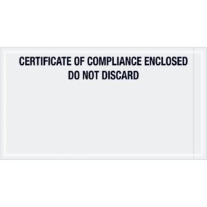 The MH-USA 6 x 11 Certificate of Compliance Enclosed Transportation Envelopes (1000/Case) feature text on a white background reading: CERTIFICATE OF COMPLIANCE ENCLOSED DO NOT DISCARD.
