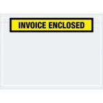 MH-USA 7 1/2 x 5 1/2 Yellow Invoice Enclosed Envelopes (1000/Case) feature a yellow label with black text on a clear plastic sleeve, ideal for displaying documents while combining practicality and visibility.