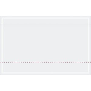 A white MH-USA 10 3/4 x 6 3/4 Clear Face document envelope, featuring a transparent top section and a dotted red line near the bottom, is positioned horizontally against a plain background.