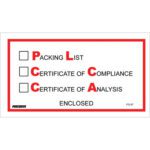 Checklist label titled PCCA with options Packing List, Cert of Compliance, and Cert of Analysis enclosed. The red-highlighted letters P, C, C and A match MH-USA 5 1/2 x 10 Packing List/Cert of Compliance/Cert. of Analysis Enclosed envelopes.