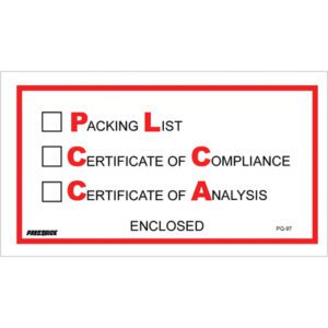 Checklist label titled PCCA with options Packing List, Cert of Compliance, and Cert of Analysis enclosed. The red-highlighted letters P, C, C and A match MH-USA 5 1/2 x 10 Packing List/Cert of Compliance/Cert. of Analysis Enclosed envelopes.
