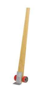 A longboard skate tool with a wooden handle inspired by the durable design of the Vestil Wood Prylever Bar 4250 Lb Capacity 5 Ft. Featuring red wheels and a metallic base, it stands upright, blending functionality and style seamlessly.