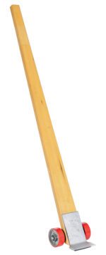The Vestil Wood Prylever Bar 4250 Lb Capacity 6 Ft pairs a long wooden beam with two red wheels on a sturdy silver metal base, forming an efficient lever or dolly system.