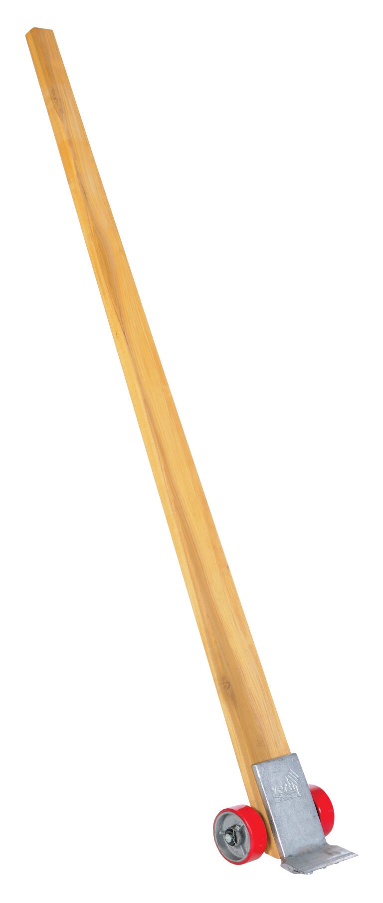 The Vestil Wood Prylever Bar, with a 4250 lb capacity and 7 ft length, has a wooden structure, metal end plate, and small red wheels. It leans slightly to the right.