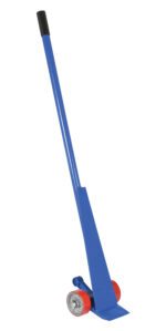 The blue steel pallet truck with a long handle and two red wheels is paired with the Vestil Steel Prylever Bar 5K 5 Ft for effortless heavy-duty lifting and transport in warehouses, featuring an angled handle for easy maneuvering and durable wheels for smooth operation in industrial settings.