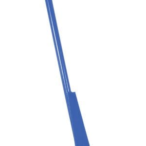 The blue steel pallet truck with a long handle and two red wheels is paired with the Vestil Steel Prylever Bar 5K 5 Ft for effortless heavy-duty lifting and transport in warehouses, featuring an angled handle for easy maneuvering and durable wheels for smooth operation in industrial settings.