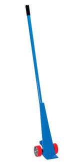 The Vestil Steel Prylever Bar 5K 6 Ft, with a blue handle and red wheels at the base, is expertly designed for effortlessly lifting heavy objects.