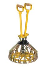 A yellow mechanical clamp tool with wooden handles and multiple metal arms extending from a central spring-loaded mechanism, similar to the Vestil Steel Pail Lid Closing Tool 5 Gallon, is ideal for gripping or lifting objects efficiently.