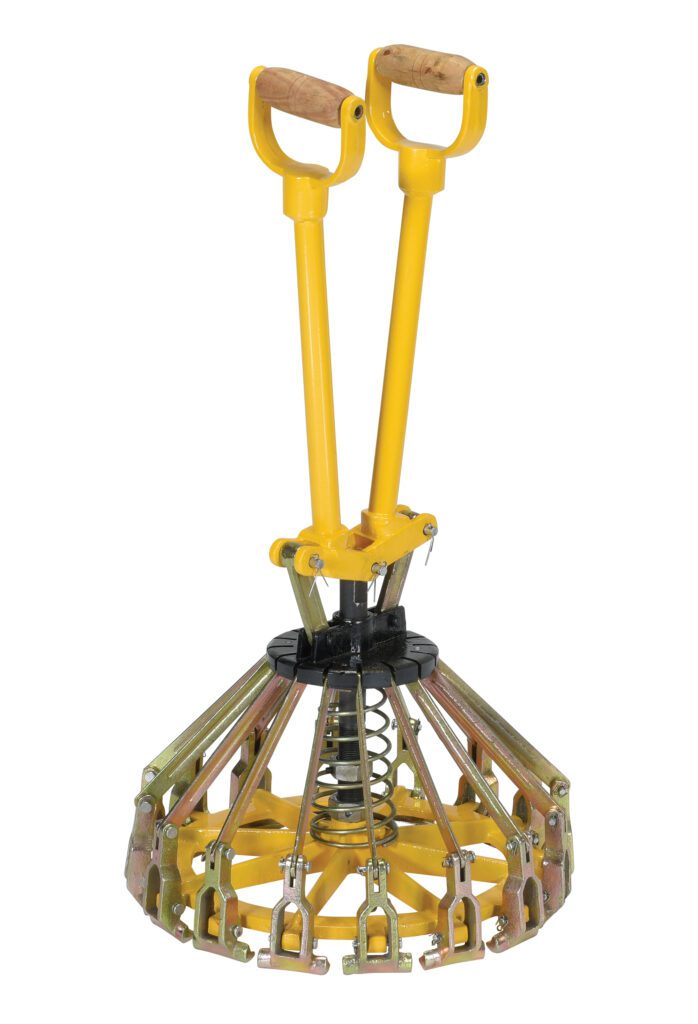 PLC-5_A.jpg A yellow mechanical clamp tool with wooden handles and multiple metal arms extending from a central spring-loaded mechanism, similar to the Vestil Steel Pail Lid Closing Tool 5 Gallon, is ideal for gripping or lifting objects efficiently.