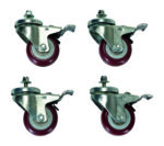 The Vestil Pail Lid Closing Press Caster Kit includes four swivel caster wheels with red rubber tires and silver metal brackets. Arranged in two rows, each wheel features a mounting plate and stem, designed for attaching to furniture or equipment, displayed on a white background.