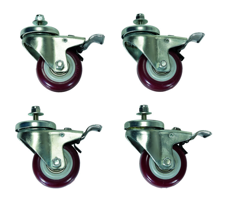 The Vestil Pail Lid Closing Press Caster Kit includes four swivel caster wheels with red rubber tires and silver metal brackets. Arranged in two rows, each wheel features a mounting plate and stem, designed for attaching to furniture or equipment, displayed on a white background.