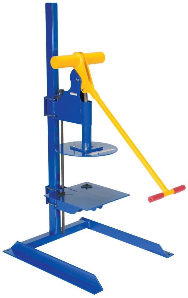 The image shows a Vestil Pail Lid Closing Press Machine 2-7 Gal, featuring a bold blue and yellow manual press with a vertical frame, large lever, and red handle, making it both functional and visually appealing.