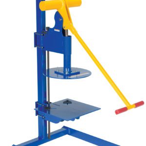 The image shows a Vestil Pail Lid Closing Press Machine 2-7 Gal, featuring a bold blue and yellow manual press with a vertical frame, large lever, and red handle, making it both functional and visually appealing.