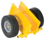 The Vestil Adjustable Panel Dolly 500Lb Foam-Filled is a yellow, heavy-duty device with two black foam-filled tires, V-shaped cradle supports, and a sturdy frame, ideal for stabilizing and towing cylindrical objects efficiently.