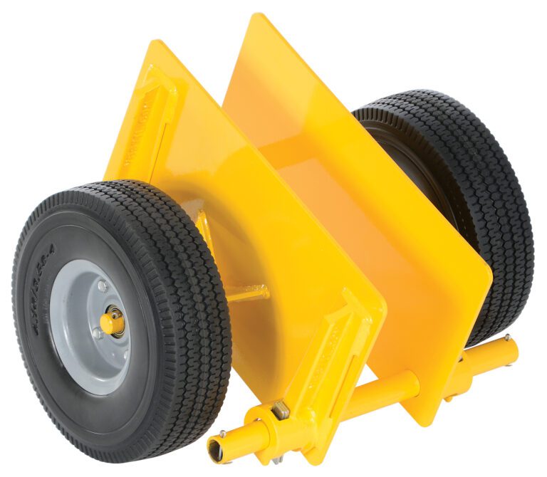 The Vestil Adjustable Panel Dolly 500Lb Foam-Filled is a yellow, heavy-duty device with two black foam-filled tires, V-shaped cradle supports, and a sturdy frame, ideal for stabilizing and towing cylindrical objects efficiently.