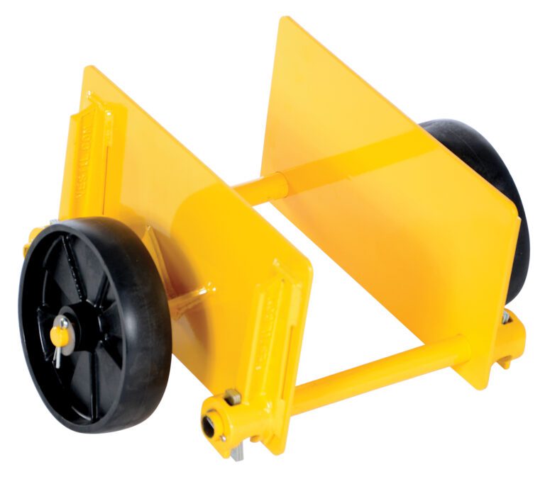 The Vestil Adj Panel Dolly 1K Glass Filled Nylon, a yellow wheel chock with black wheels and adjustable metal plates, stabilizes vehicles. Crafted from glass-filled nylon, its bright color ensures high visibility for added safety.