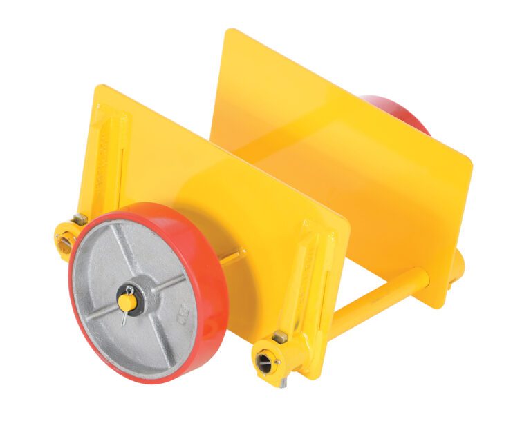 The yellow Vestil Adjustable Panel Dolly 1K Poly-On-Steel features two gray metal wheels with red edges and flat side panels, designed for easy transport of upright stanchions or barriers.