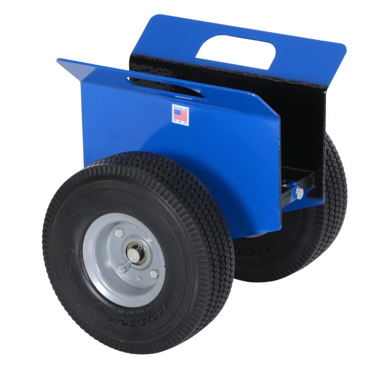 The Vestil Adjustable Panel Dolly 500Lb Foam-Filled features two large black rubber wheels, a rectangular metal plate with a handle cutout, and a small American flag sticker. It supports up to 500 lbs and includes a front metal bracket for secure item transport.