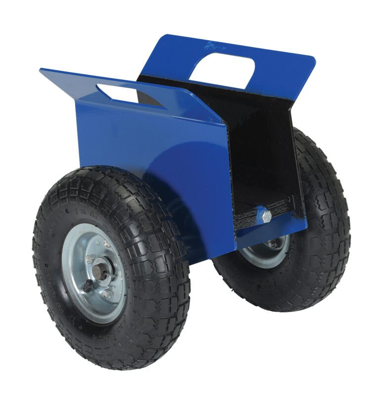 The Vestil Adjustable Panel Dolly 750Lb Pneumatic, with a blue metal frame, large black rubber wheels, and handle cutout for easy lifting, efficiently carries up to 750 lbs. Its open, box-like design and pneumatic tires ensure smoother transport.