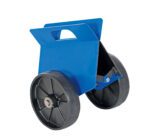 The blue heavy-duty trolley looks like the Vestil Adjustable Panel Dolly 1.5K Glass-Filled, showcasing a minimalist and industrial design with a sturdy glass-filled frame and two large black wheels, making it easy to transport items up to 1.5K.