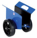 The Vestil Adj Panel Dolly 1.2K Mold On Rubber features a blue and black metal build, supports up to 1.2K weight, and has two large mold-on rubber wheels. It includes a cut-out handle, an American flag sticker on one side, and open sides create a compartment for easy item transport.