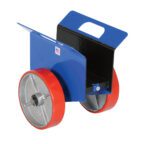 The Vestil Adjustable Panel Dolly 1.5K Poly/Steel is a blue and black industrial device with two large red-rimmed wheels and a handle, featuring a small American flag sticker on the side for a patriotic touch.