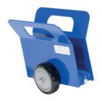 The blue metal Vestil Lightweight Door & Panel Dolly 350 Lb features a handle cutout, two black wheels, and a side label for easy identification. Its designed to transport large and heavy items efficiently.