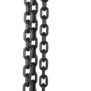 The Vestil Professional Lever Hoist 10 Ft Lift 12K includes orange hooks and a handle, with a black chain suspended between strong upper and lower hooks. It is capable of lifting up to 12,000 lbs, featuring an industrial design perfect for heavy-duty tasks.