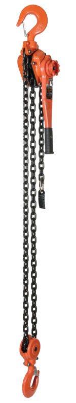 The Vestil Professional Lever Hoist 5 Ft Lift 12K features two durable black chains, top and bottom hooks, an orange body, and a grip handle for easy use. It efficiently handles up to 12,000 lbs in weight.