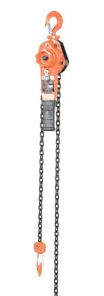 The Vestil Professional Lever Hoist 10 Ft Lift 1.5K has a manual orange chain hoist, large top hook, smaller bottom hook, long black chain, and operational lever with clear labels and control instructions on its body.