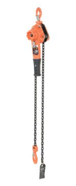 The Vestil Professional Lever Hoist 5 Ft Lift 1.5K features an orange manual design, black handle, two hooks, and a sturdy chain with a side label. Its built for heavy lifting in industrial settings, offering reliable performance with its 1.5K lift capacity across a 5 ft range.