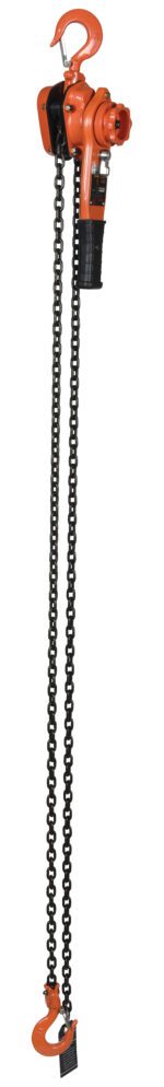 The Vestil Professional Lever Hoist 10 Ft Lift 2K has a bright orange design, black handle, and dual chains. It features a strong hook at both ends and offers efficient heavy load handling, ideal for demanding tasks!.