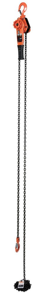 The Vestil Professional Lever Hoist 20 Ft Lift 2K boasts an orange and black design with a durable metal chain. It features a top hook securely connected to the body and a lower hook on its 20 ft chain that can lift up to 2000 lbs, ideal for heavy-duty tasks.