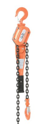 The Vestil Professional Lever Hoist 5 Ft Lift 3K showcases a 3K capacity with an orange body, black chains, a durable top hook, and a smaller bottom hook for versatility. It features a rectangular grip handle for comfort, with manufacturer details prominently displayed against a plain white backdrop.