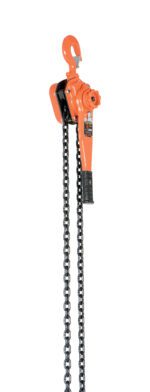 The Vestil Professional Lever Hoist 20 Ft Lift 6K, with an orange body and two long black chains, is ideal for heavy lifting. Its sturdy lever arm effortlessly manages up to 6,000 lbs against a white backdrop.