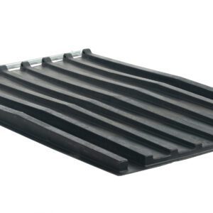 The Vestil Poly Lid for Size 1 Style D Hopper is black and rectangular, with multiple parallel grooves running lengthwise. Its displayed on a white background at a slight angle, featuring metal clips along one edge.