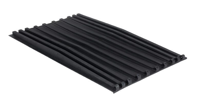 PLID-D-150_A.jpg A black rectangular rubber mat with horizontal raised parallel ridges, similar in design to the Vestil Poly Lid For Size 1.5 Style D Hopper, has pointed edges and a slightly glossy surface.