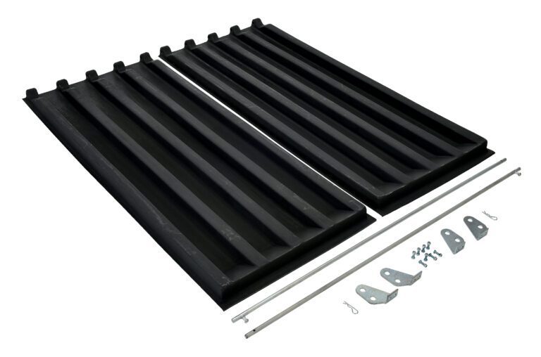 Vestil Poly Lids for Size 2 Style D Hoppers come with black corrugated plastic panels and hardware like metal rods, L-shaped brackets, screws, and clips for easy assembly or construction.