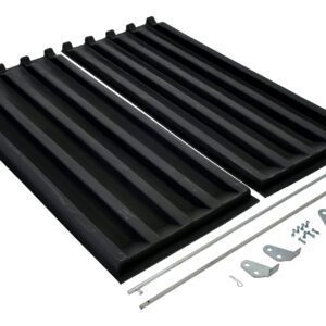 Vestil Poly Lids for Size 2 Style D Hoppers come with black corrugated plastic panels and hardware like metal rods, L-shaped brackets, screws, and clips for easy assembly or construction.