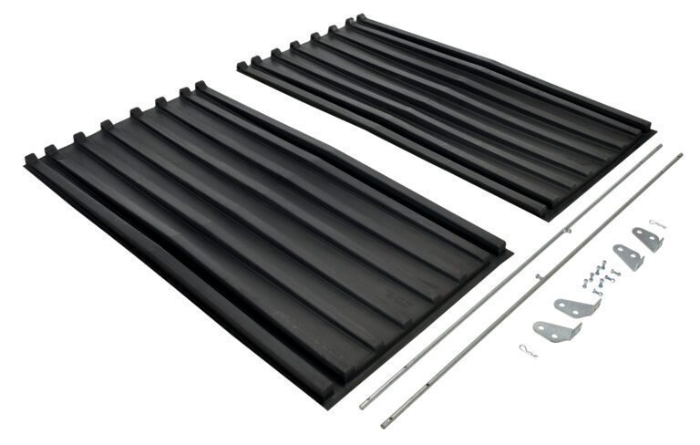 Two corrugated black plastic Vestil Poly Lids, designed for Size 2.5 Style D Hopper, are shown on a white background with metal rods, brackets, and hardware for installation or assembly.