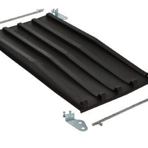 The black rubber speed bump with four raised ridges is shown disassembled, accompanied by metal brackets and bolts, similar to how Vestil Poly Lids for Size 0.25 Style D Hoppers fit seamlessly, ensuring both functionality and ease of use.