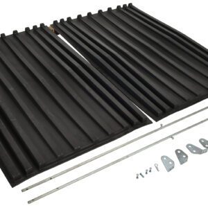 Two black plastic ramps with grooved surfaces for traction are laid side by side, assembly hardware, screws, and brackets like those on a Vestil Poly Lid For Size 3 Style D Hopper placed in front.